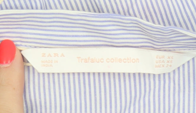 Zara Women Blue Stripe Floral Embroidered Button-Up Shirt XS