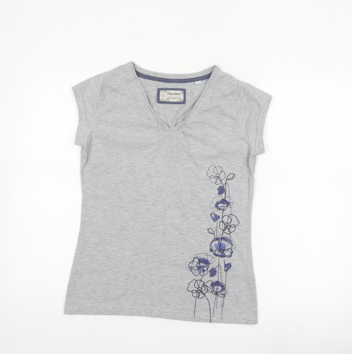 Peter Storm Women Grey Size 10 Floral V-Neck Cotton Jersey T-Shirt