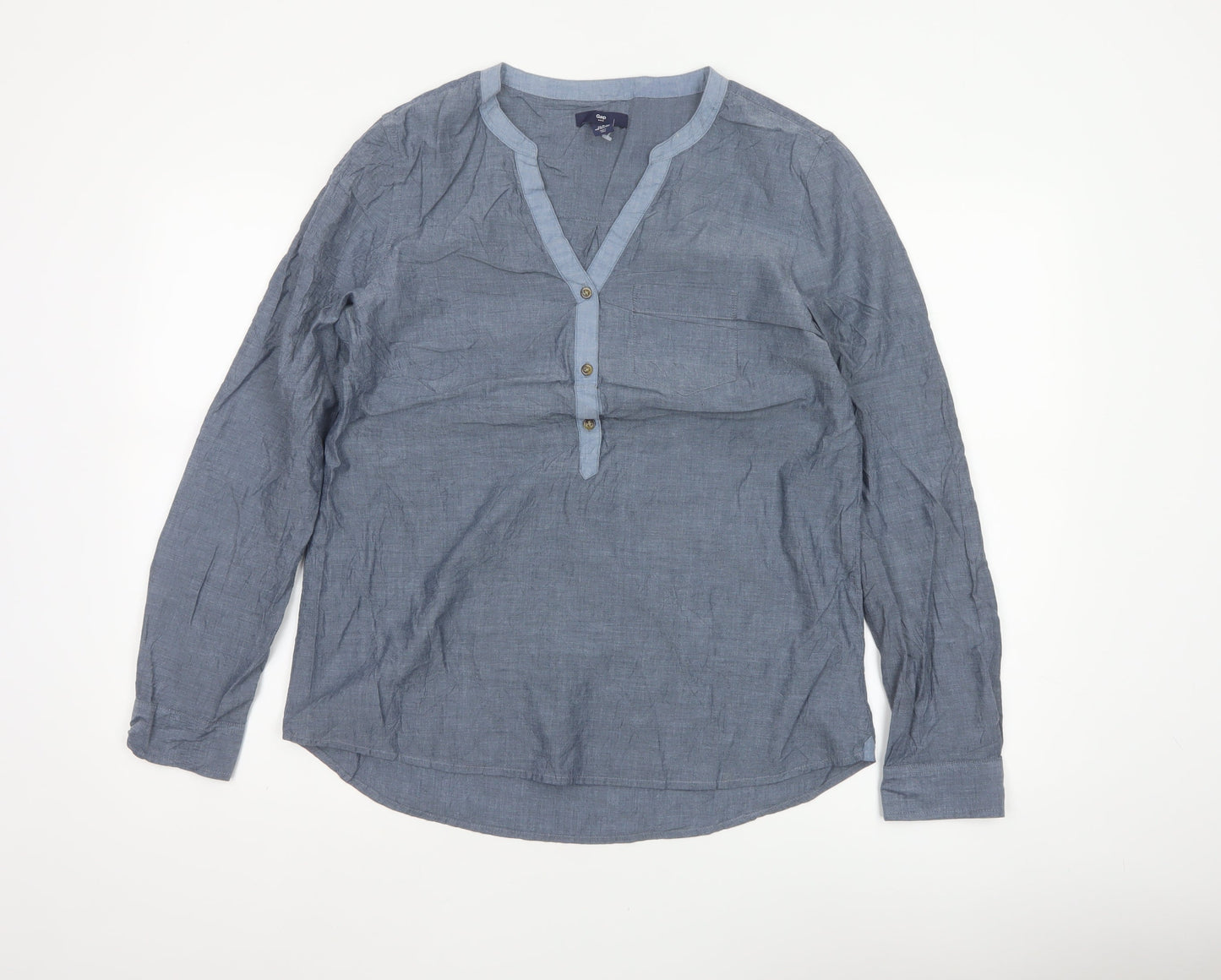 Gap Women Blue Cotton Chambray V-Neck Button Blouse Size M