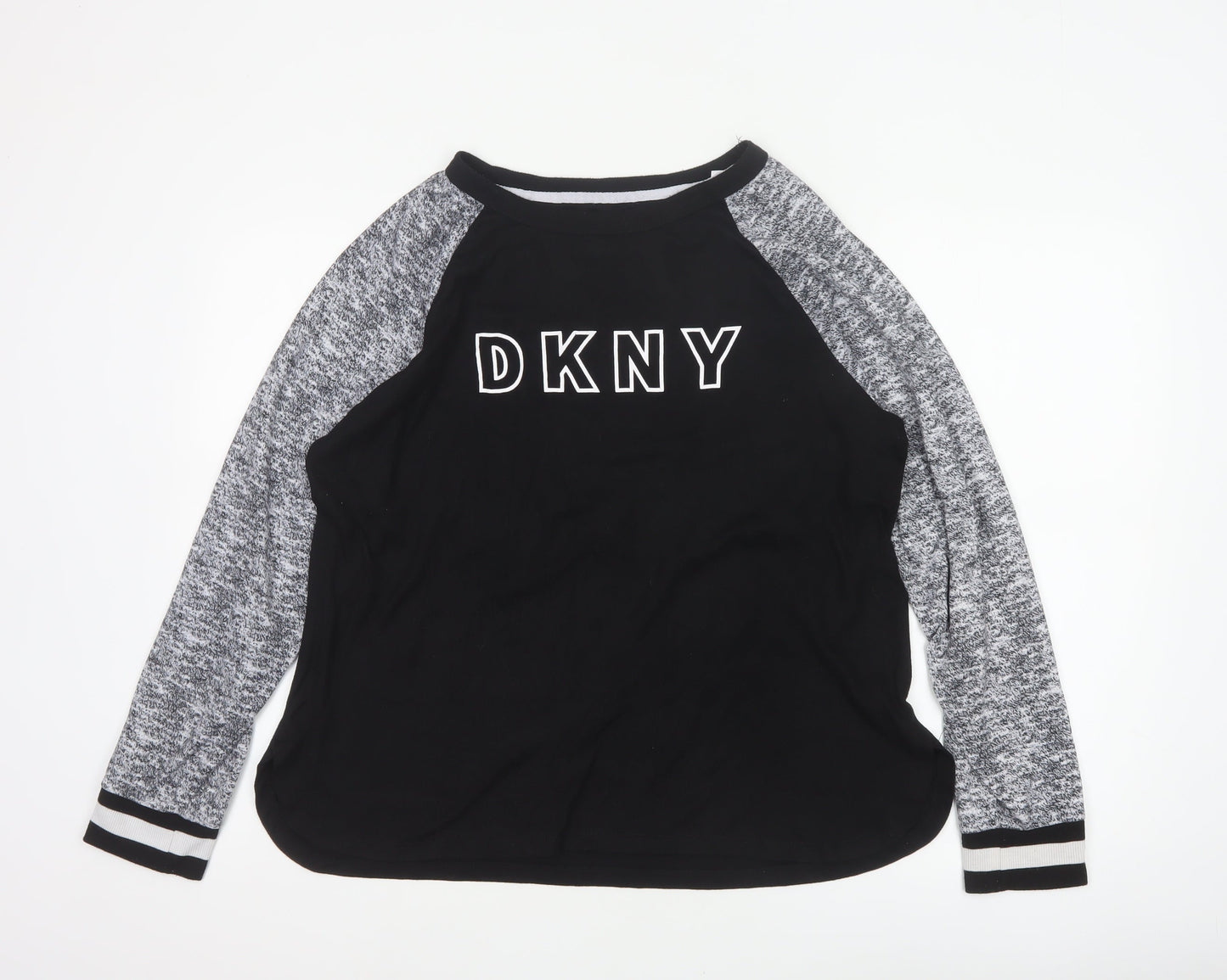 DKNY Women Black Grey L Jersey Raglan Long Sleeve T-Shirt
