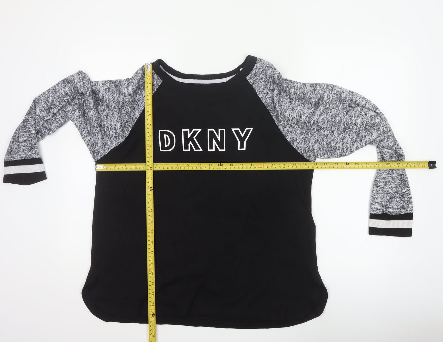 DKNY Women Black Grey L Jersey Raglan Long Sleeve T-Shirt