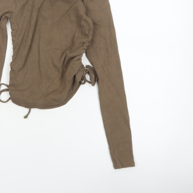 Pull&Bear Women Brown M Ribbed Ruched Drawstring Long Sleeve T-Shirt