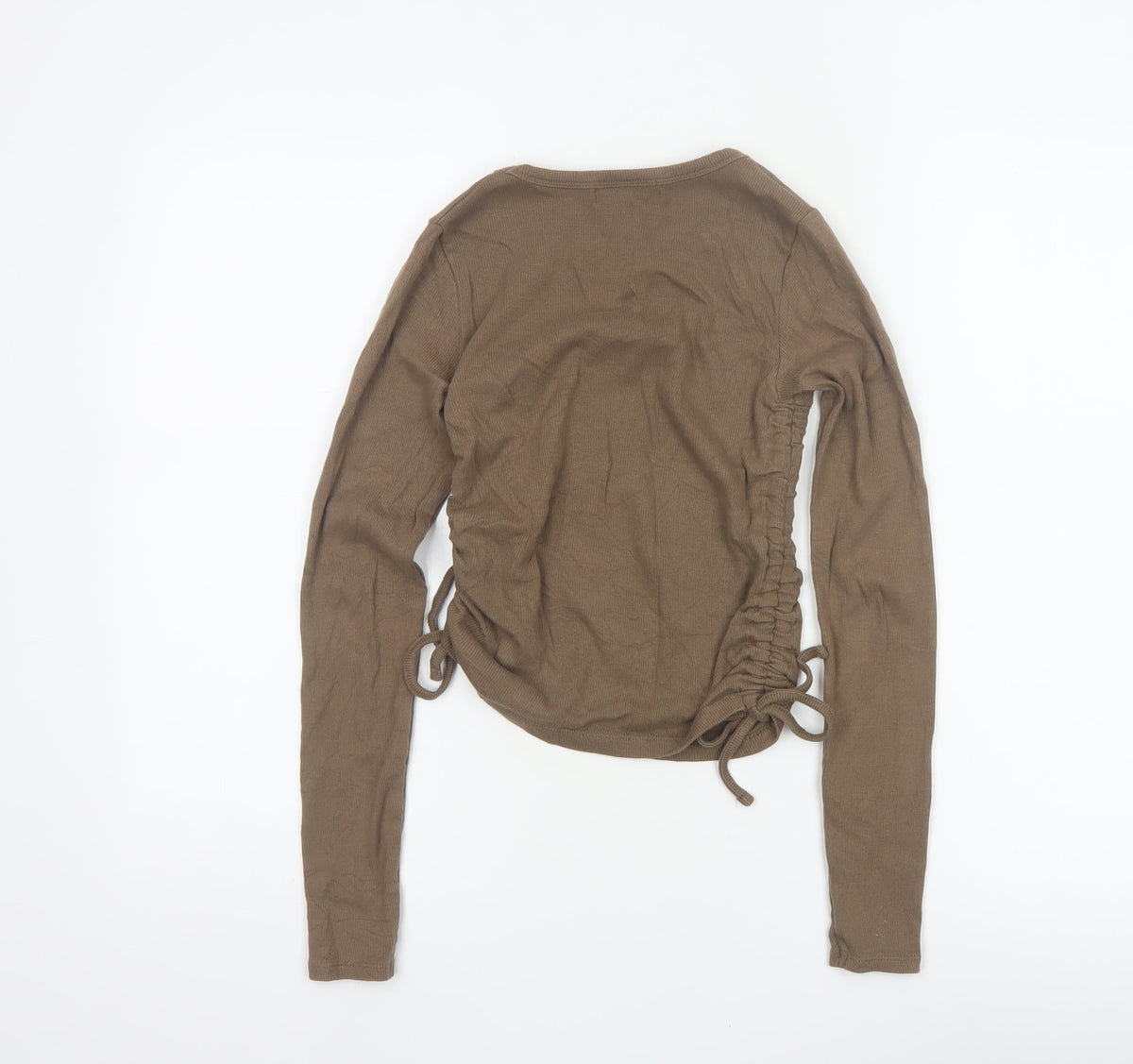 Pull&Bear Women Brown M Ribbed Ruched Drawstring Long Sleeve T-Shirt