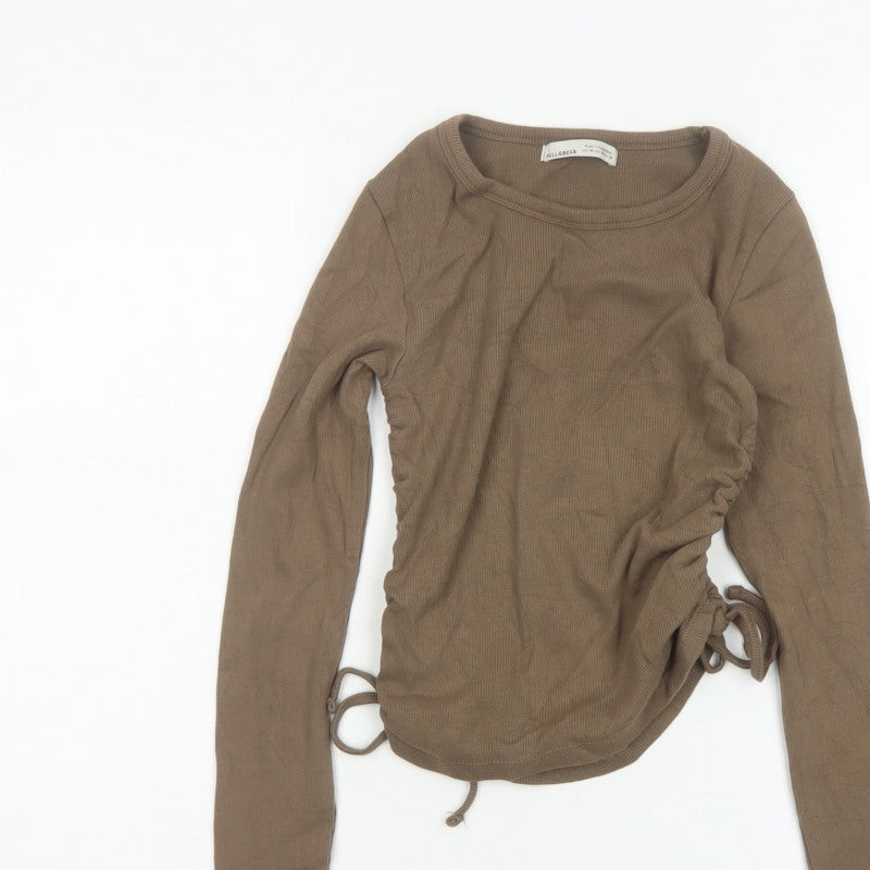 Pull&Bear Women Brown M Ribbed Ruched Drawstring Long Sleeve T-Shirt