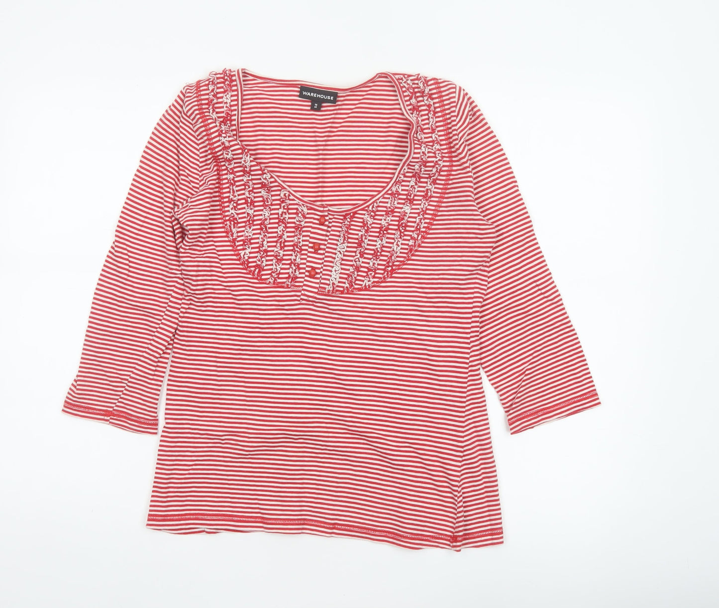 Warehouse Women Red Striped UK 14 Basic Ruffle Cotton 3/4 Sleeve Top