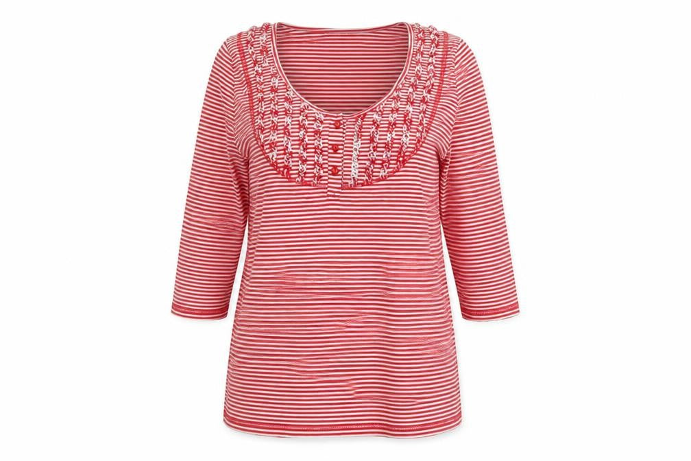 Warehouse Women Red Striped UK 14 Basic Ruffle Cotton 3/4 Sleeve Top