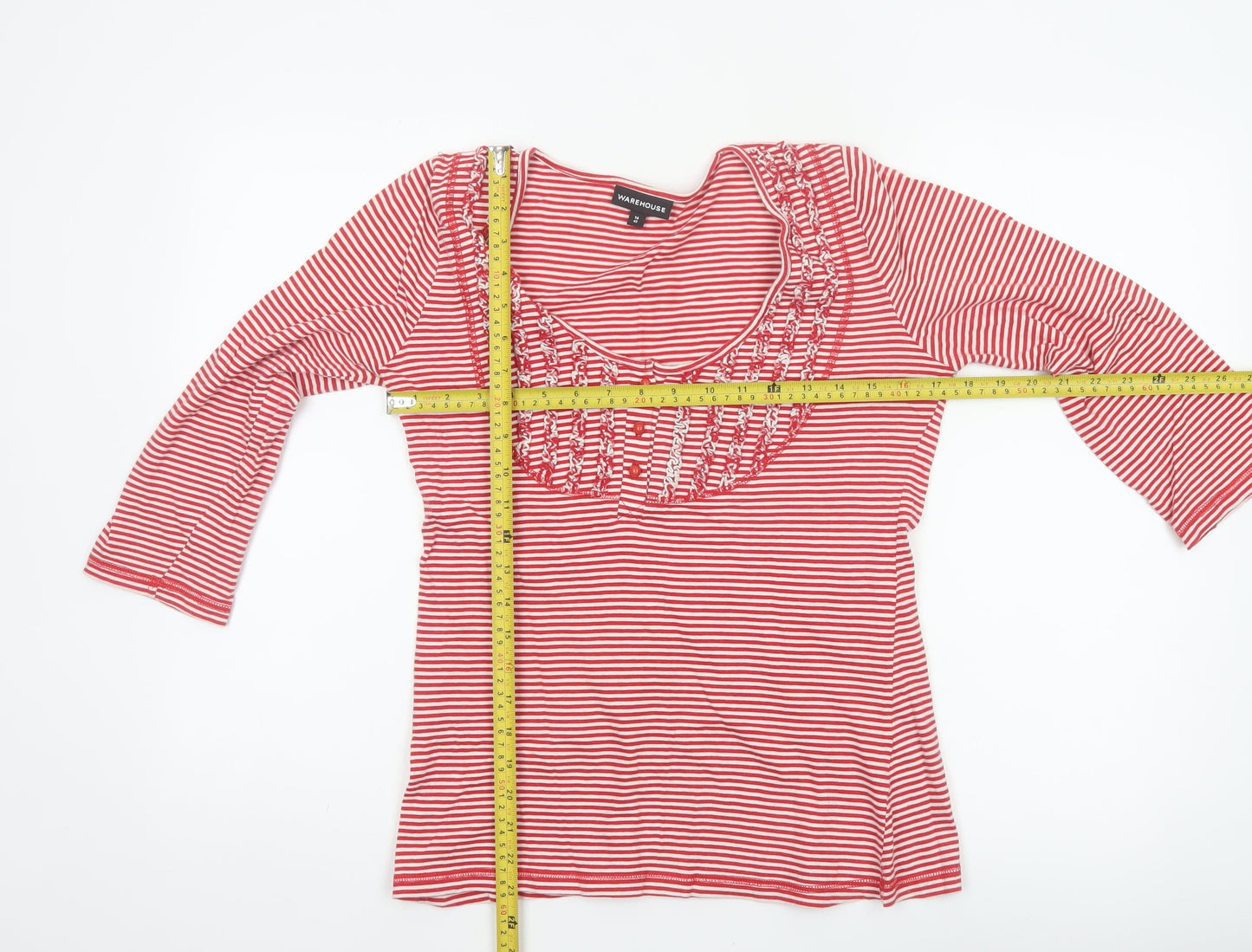 Warehouse Women Red Striped UK 14 Basic Ruffle Cotton 3/4 Sleeve Top