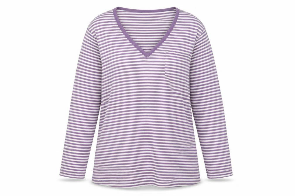 Cotton Traders Women Purple White Stripe V-Neck Cotton Top Size 12