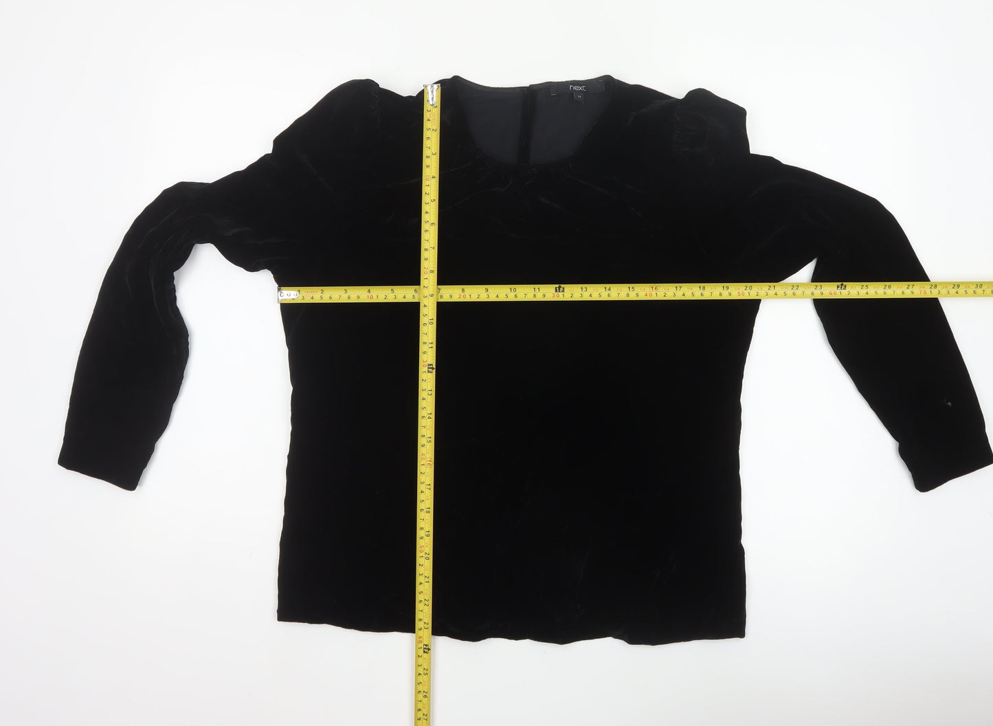 Next Women Black Velvet Balloon Sleeve Round Neck Blouse UK 12