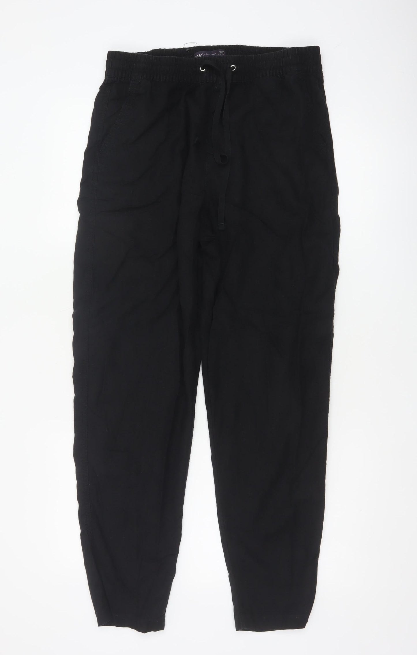 Marks and Spencer Women Black UK 12 Long Linen Blend Jogger Trousers