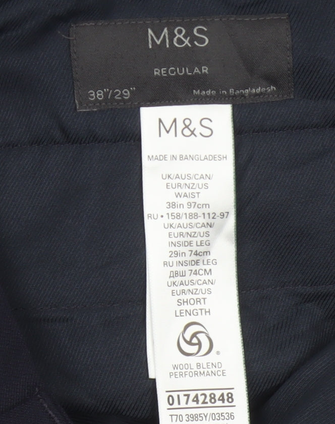 Marks & Spencer Men Blue 38in Wool Blend Dress Trousers 29in Leg