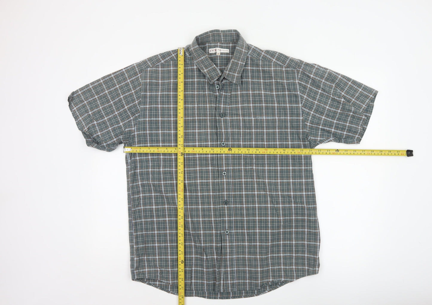 EWM Men’s Green Plaid Cotton Short Sleeve Button-Up Shirt Size M