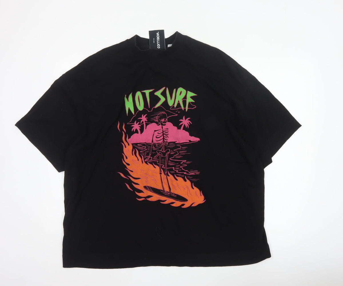 Back view of Collusion Men’s Black L Hot Surf Skull Graphic Oversized T-Shirt