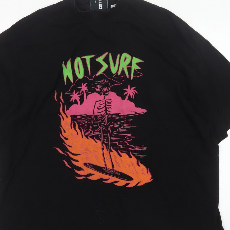 Additional view of Collusion Men’s Black L Hot Surf Skull Graphic Oversized T-Shirt