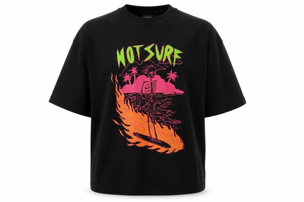 Front view of Collusion Men’s Black L Hot Surf Skull Graphic Oversized T-Shirt