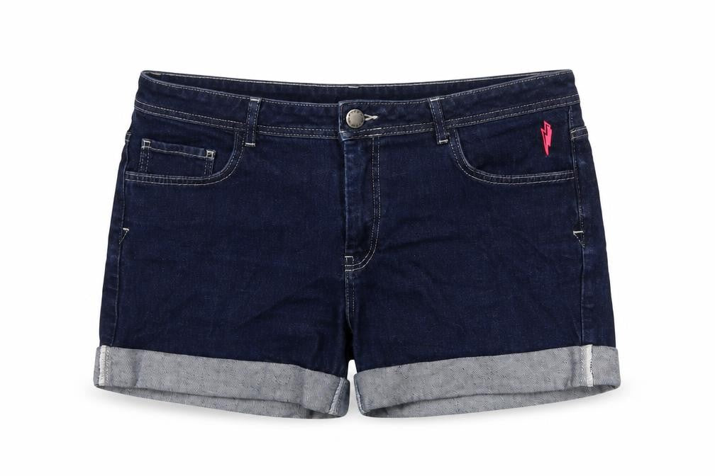Camp & Dude Women’s Blue Denim Cuffed Shorts UK 14 Lightning Detail