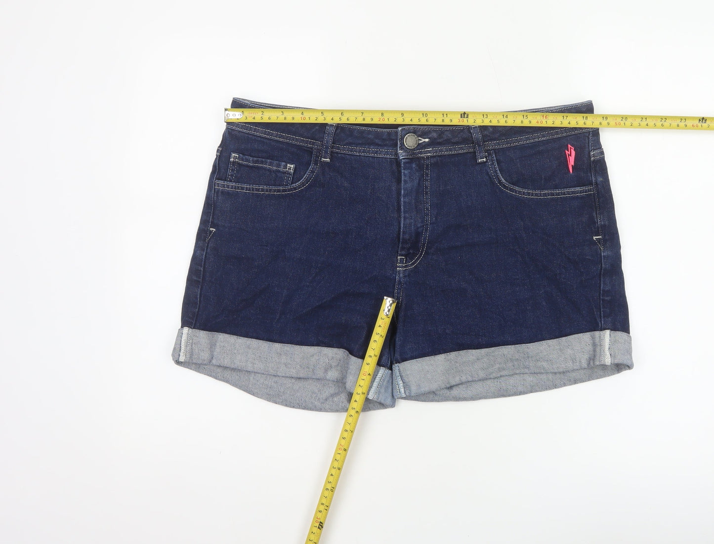 Camp & Dude Women’s Blue Denim Cuffed Shorts UK 14 Lightning Detail