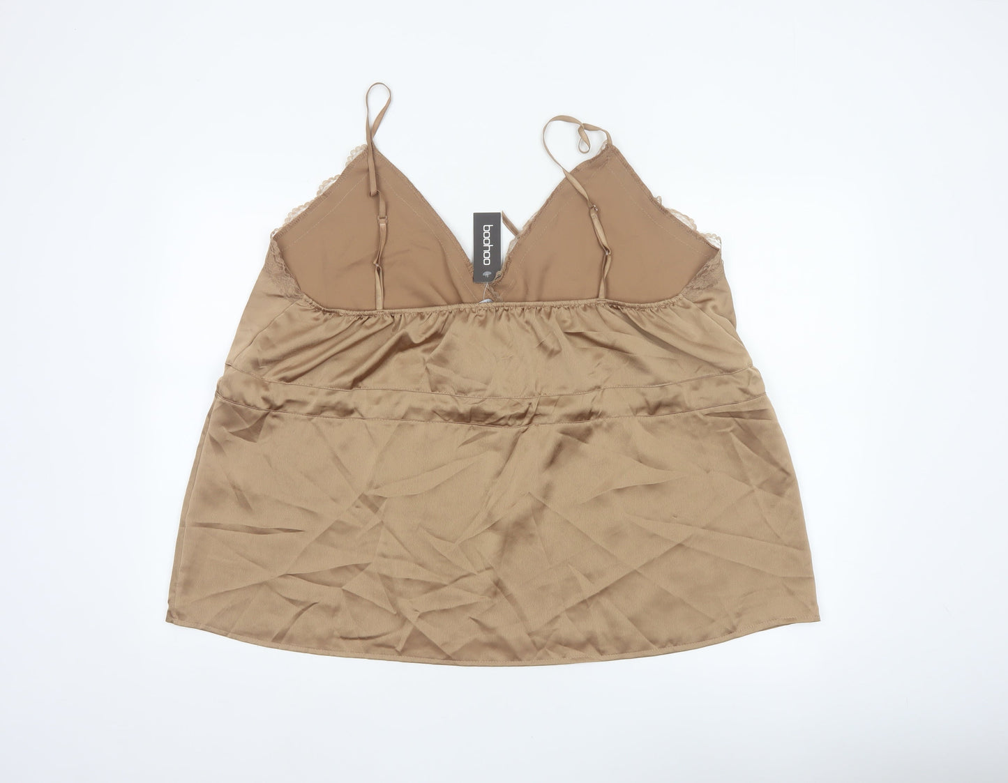 Boohoo Women Beige UK 22 Satin Lace Trim Tie Camisole Tank Top