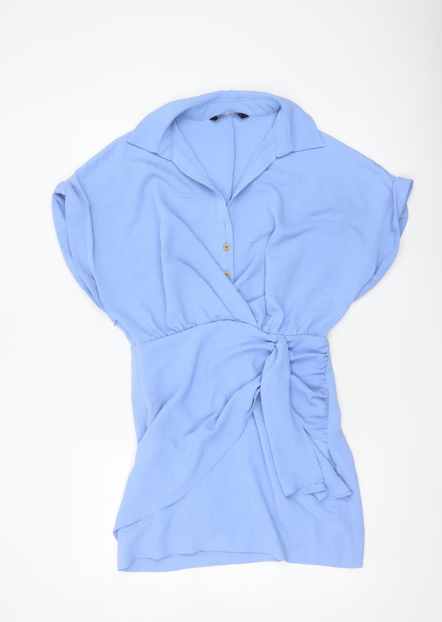 Zara Women Blue M Short Belted Collared Shirt Dress Cap Sleeve