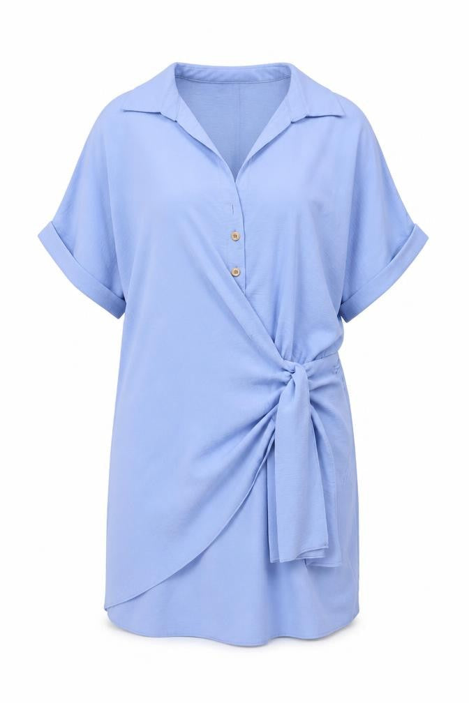 Zara Women Blue M Short Belted Collared Shirt Dress Cap Sleeve