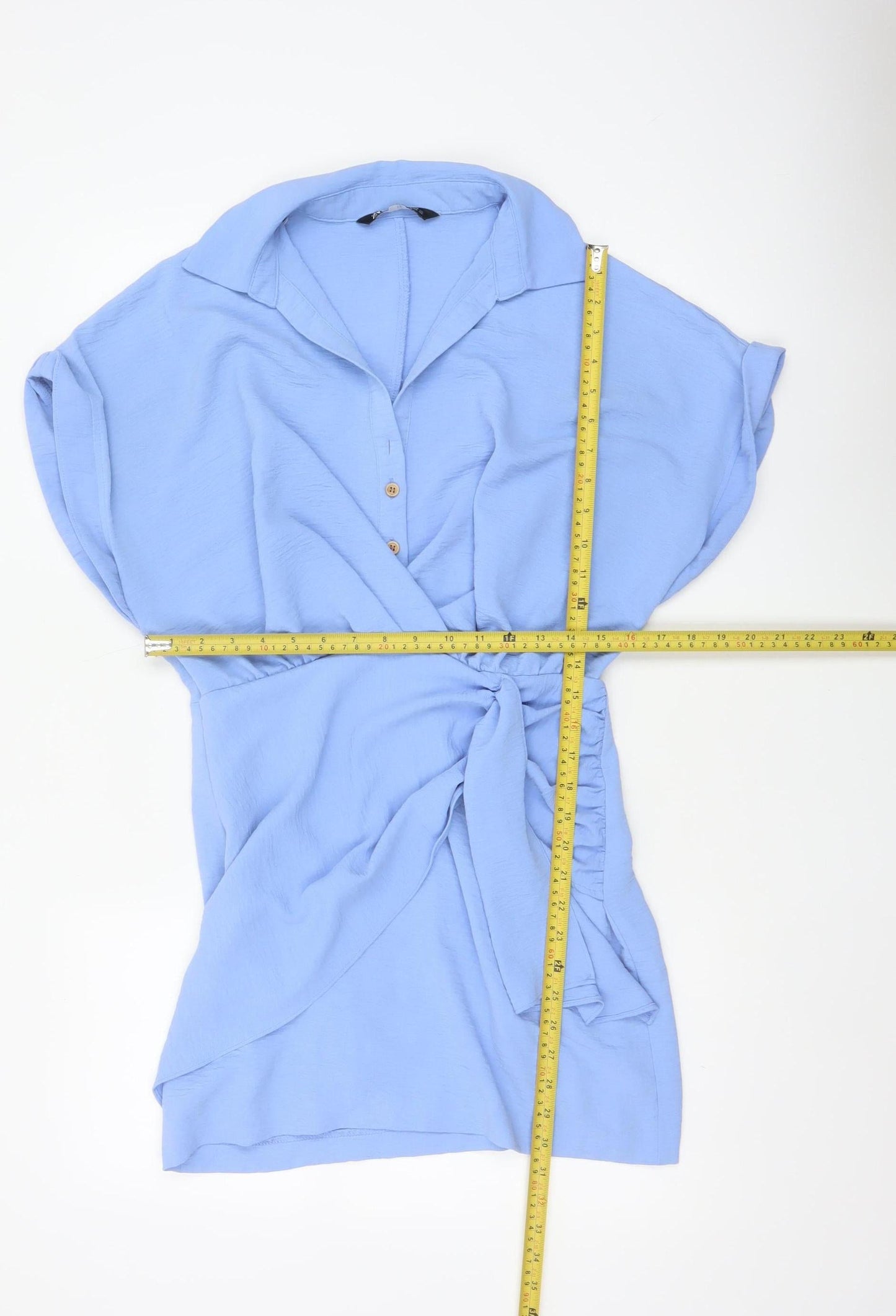 Zara Women Blue M Short Belted Collared Shirt Dress Cap Sleeve
