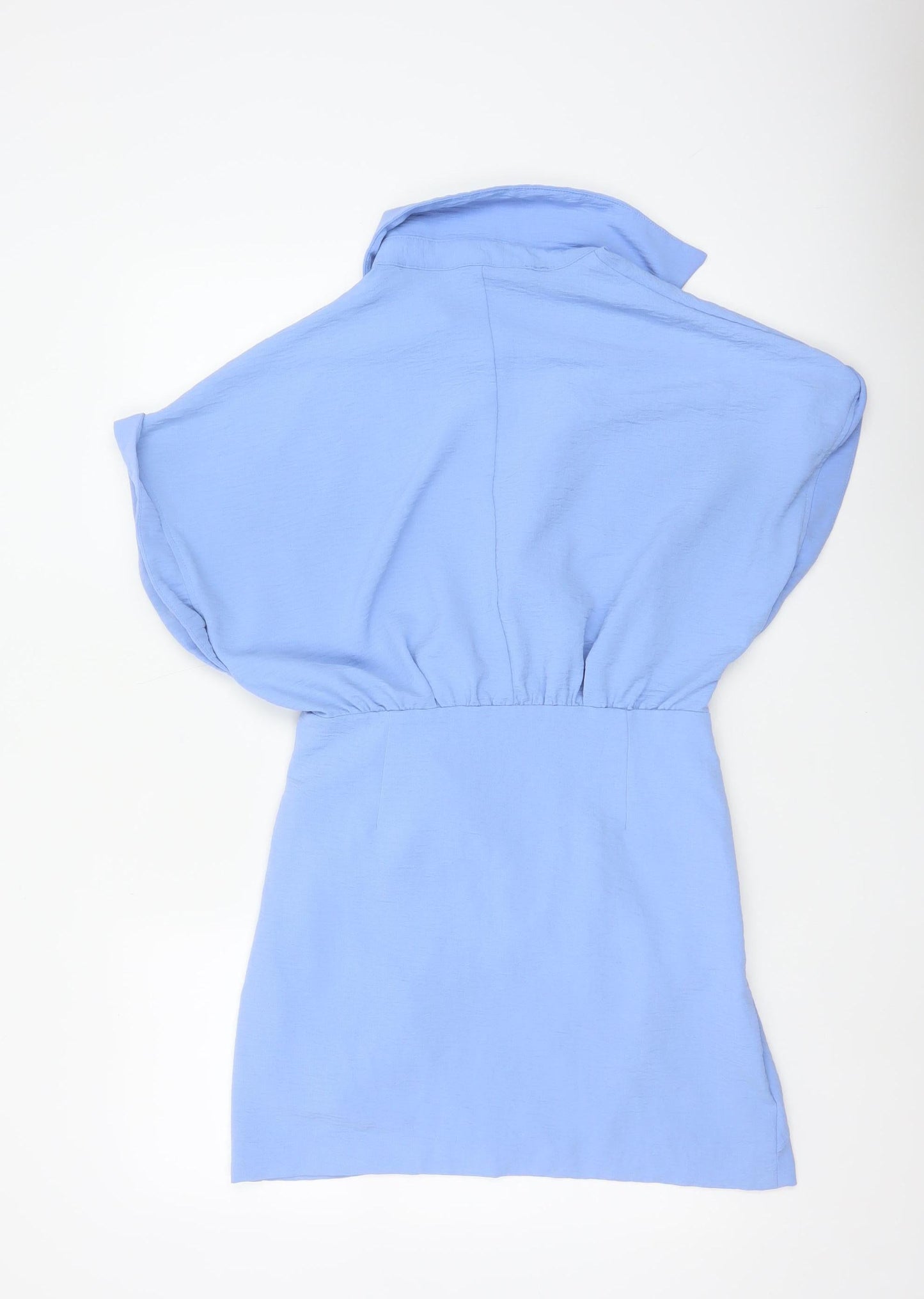 Zara Women Blue M Short Belted Collared Shirt Dress Cap Sleeve
