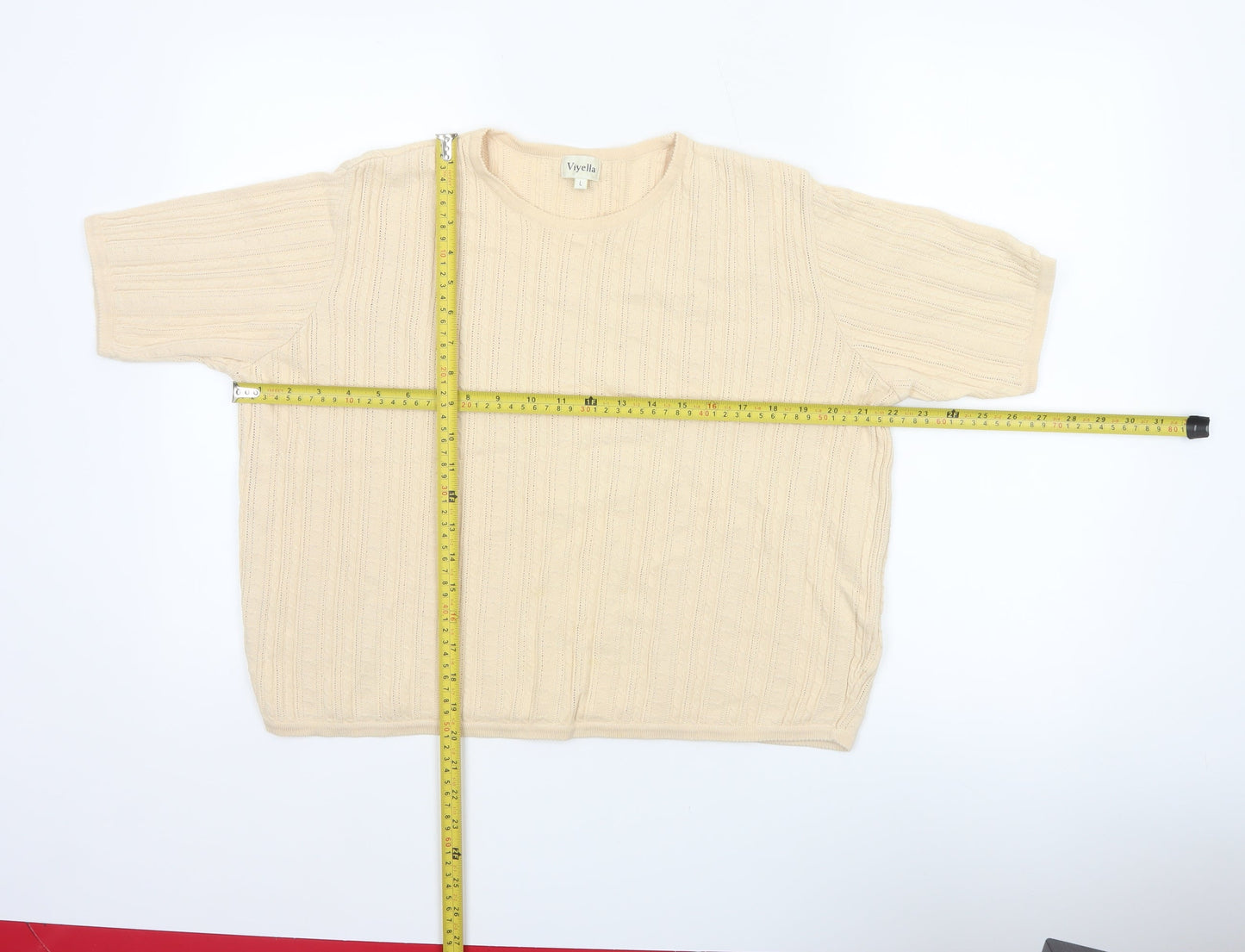 Viyella Women Ivory Cotton Knit Short Sleeve Round Neck Top L