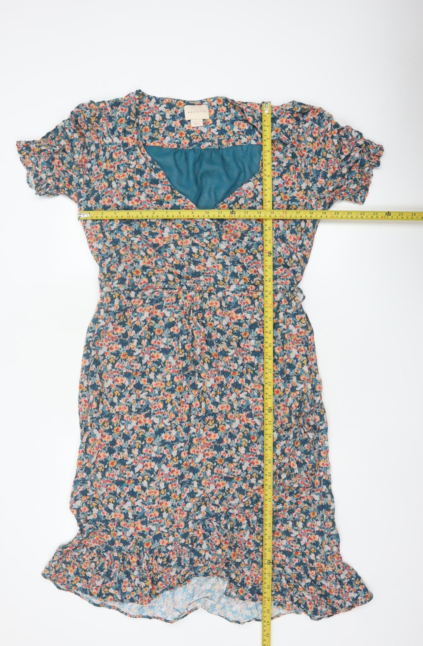 Mauvette Women’s Blue Floral Wrap Midi Dress UK 16 Puff Sleeve