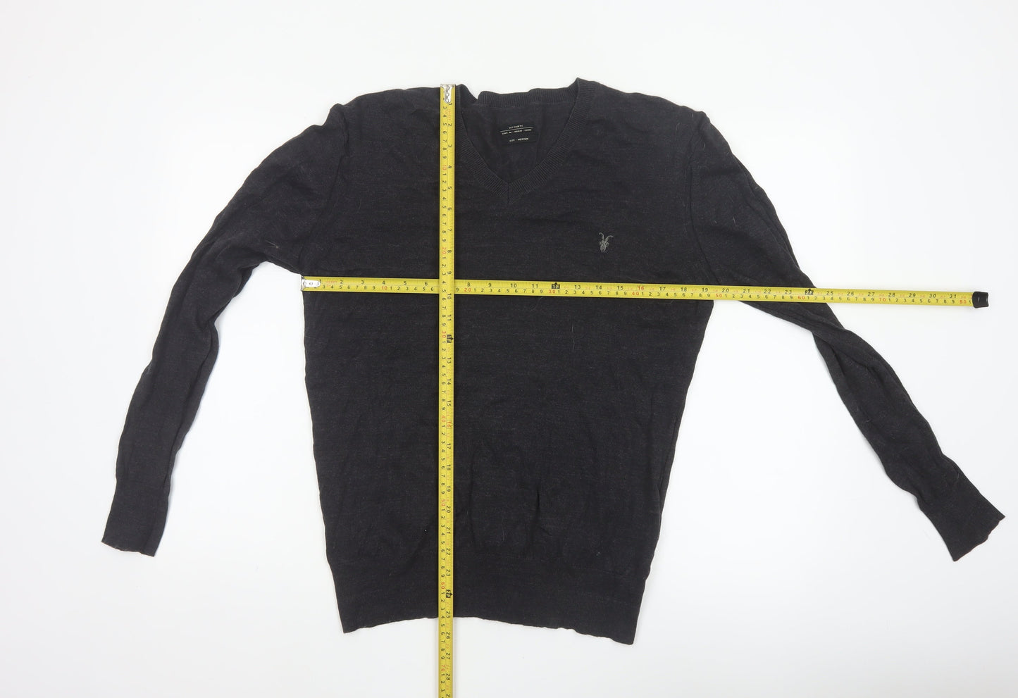 AllSaints Men Black Medium V-Neck Cotton Knit Pullover Jumper Logo