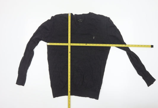 AllSaints Men Black Medium V-Neck Cotton Knit Pullover Jumper Logo