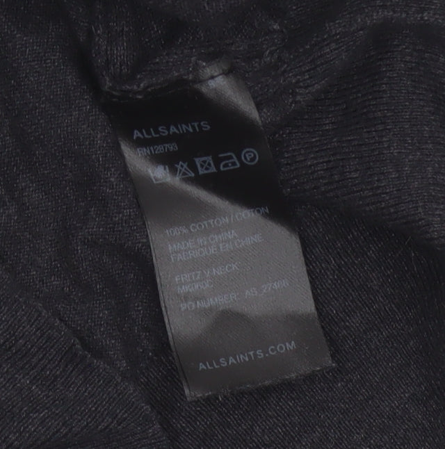 AllSaints Men Black Medium V-Neck Cotton Knit Pullover Jumper Logo