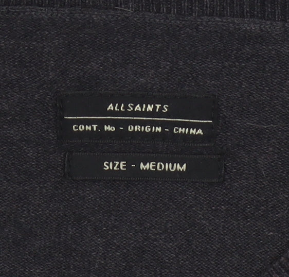 AllSaints Men Black Medium V-Neck Cotton Knit Pullover Jumper Logo
