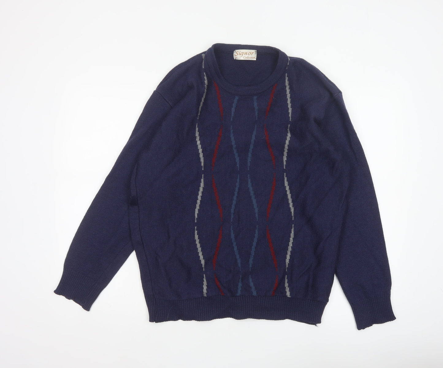 Signor Collection Men's Navy Geometric Knit Jumper M Wool Acrylic Retro