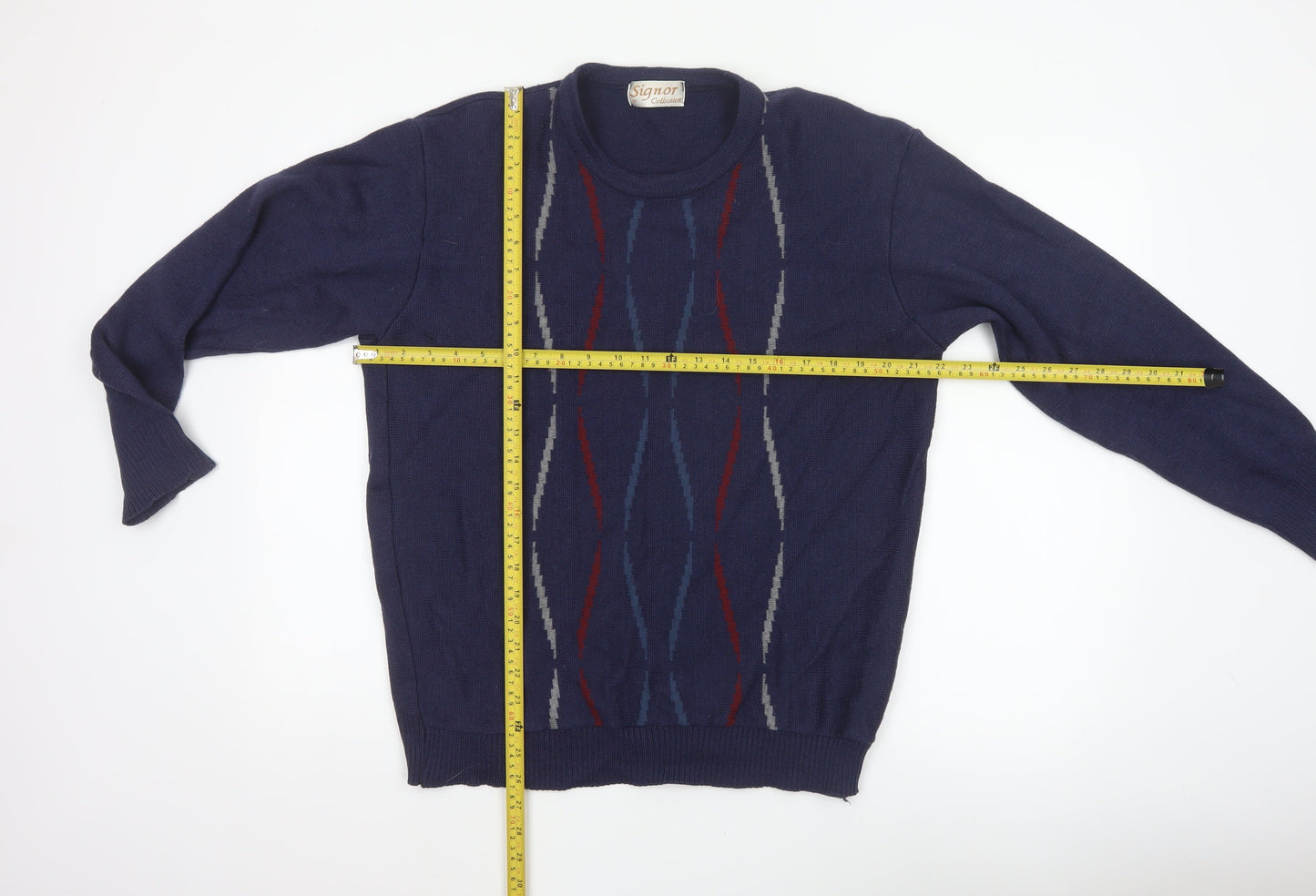 Signor Collection Men's Navy Geometric Knit Jumper M Wool Acrylic Retro