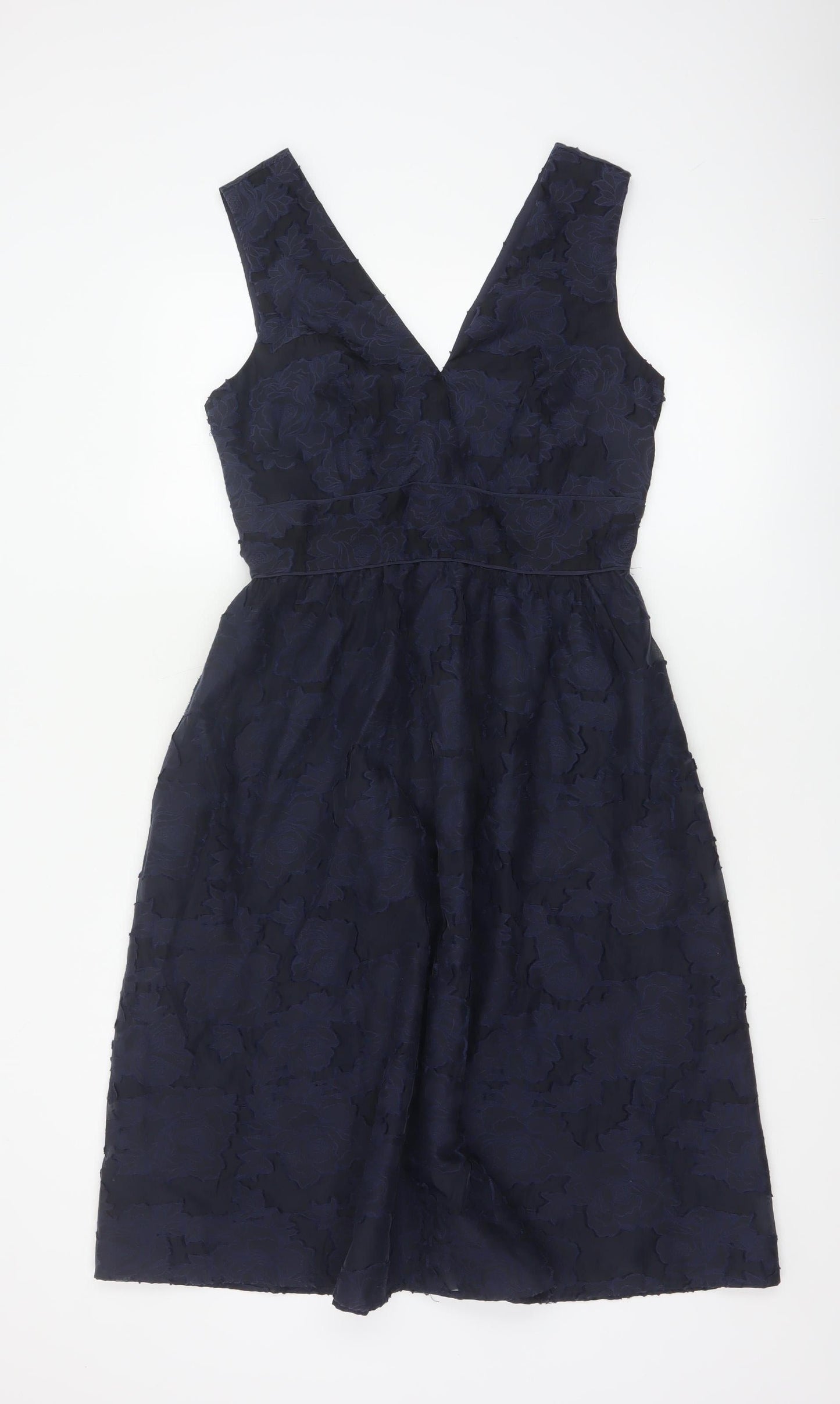 Warehouse Women Blue Floral Jacquard Fit & Flare Midi Dress UK 10