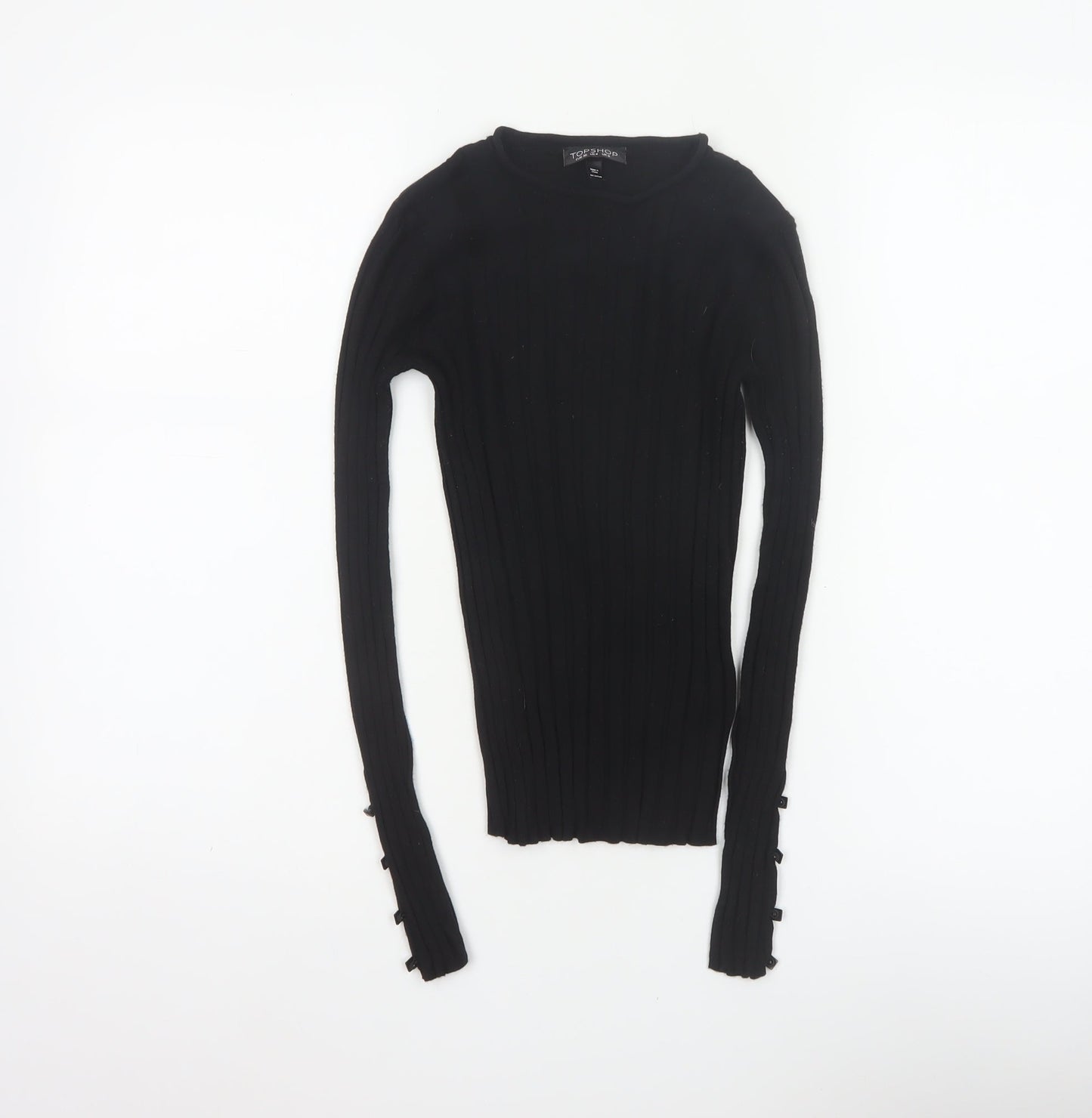 Topshop Women Black UK 8 Rib Knit Slim Pullover Jumper Button Cuffs