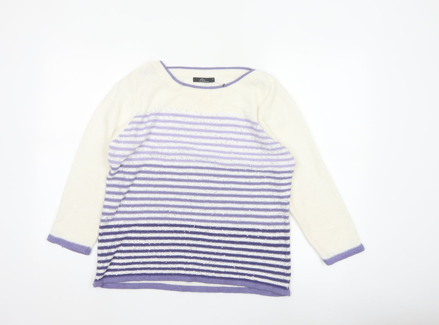 BM Collection Women’s Ivory Purple Striped Sequin Knit Jumper M