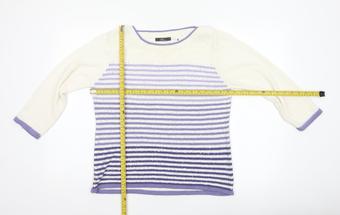 BM Collection Women’s Ivory Purple Striped Sequin Knit Jumper M