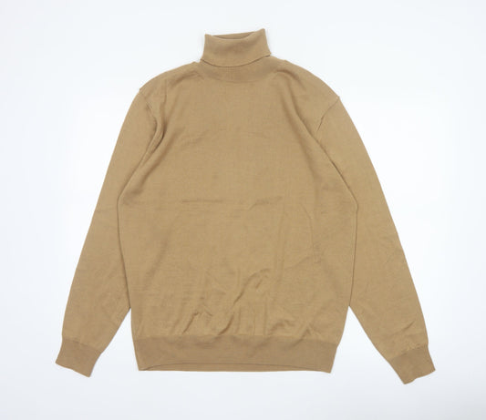 Marks and Spencer Men Beige L Merino Wool Blend Roll Neck Jumper