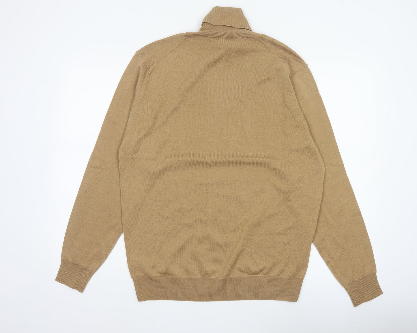 Marks and Spencer Men Beige L Merino Wool Blend Roll Neck Jumper