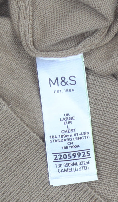 Marks and Spencer Men Beige L Merino Wool Blend Roll Neck Jumper