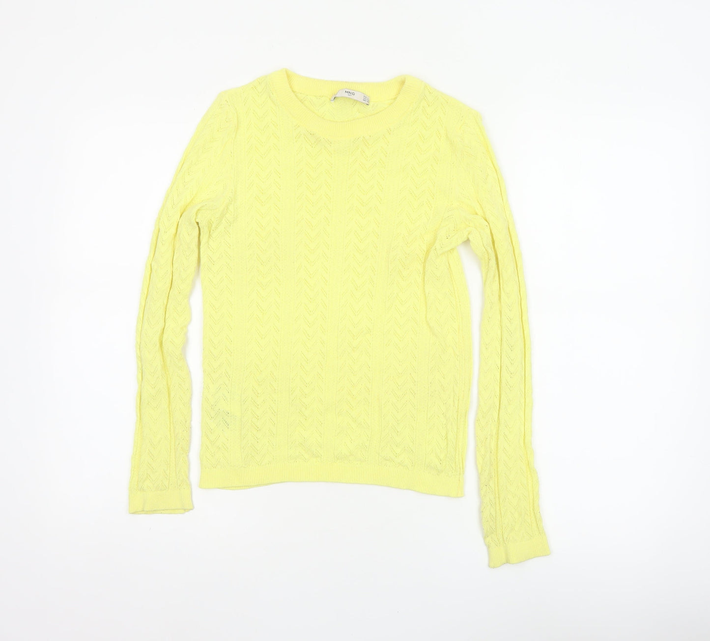 Mango MNG Women Yellow S Pointelle Knit Crew Neck Pullover Jumper