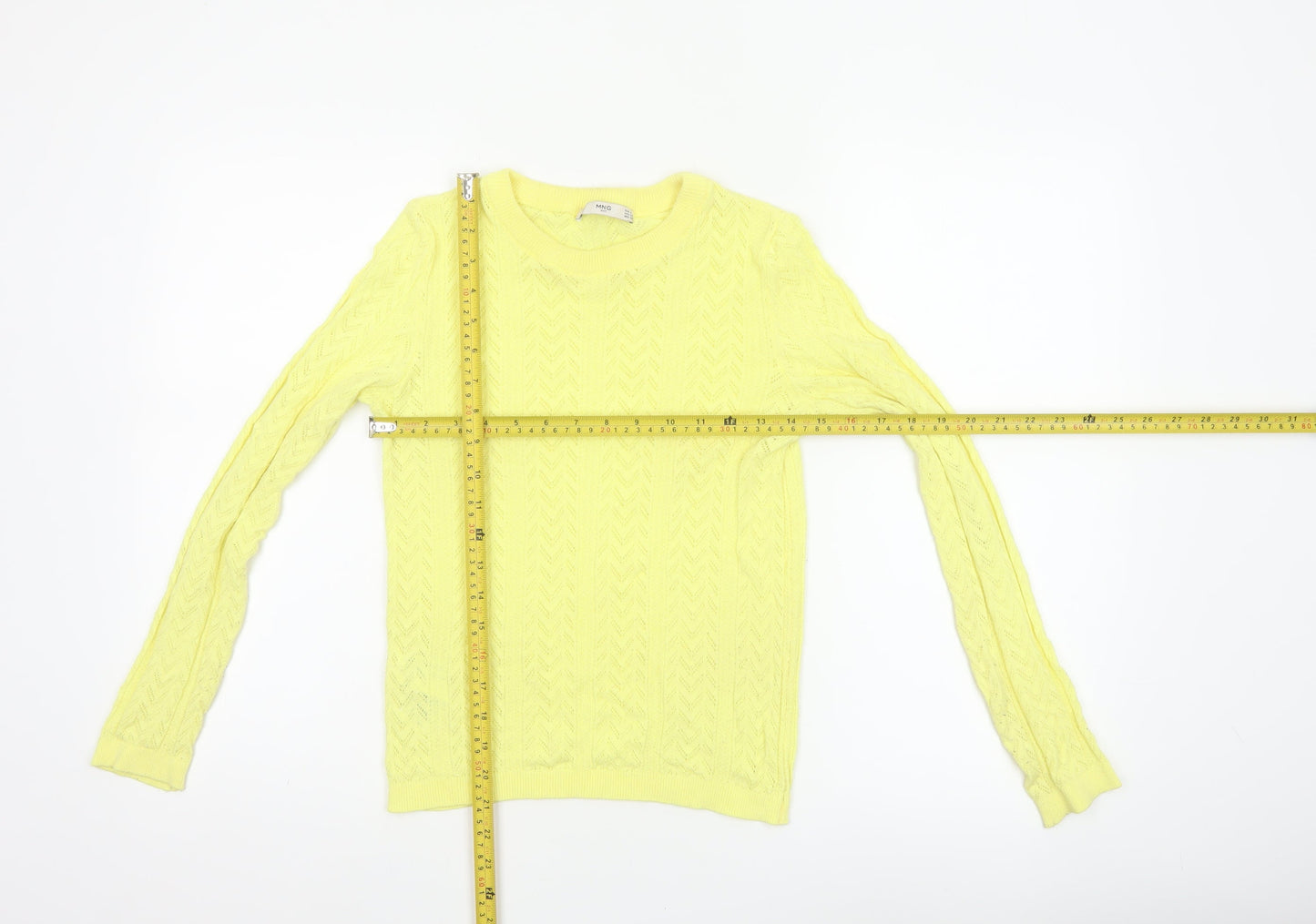 Mango MNG Women Yellow S Pointelle Knit Crew Neck Pullover Jumper