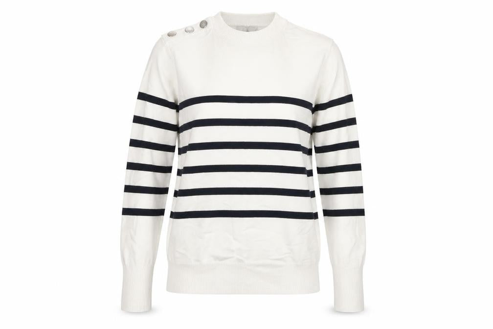 C&A Women White XS Striped Crew Neck Button Knit Pullover Jumper