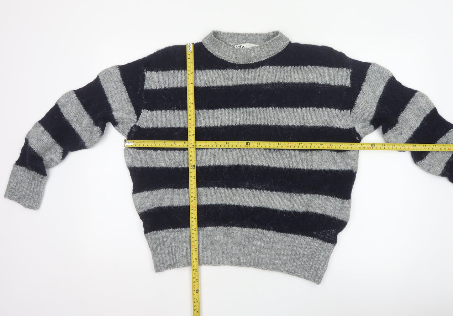 Zara Women Grey Black Striped Knit Pullover Jumper Size S Wool Blend