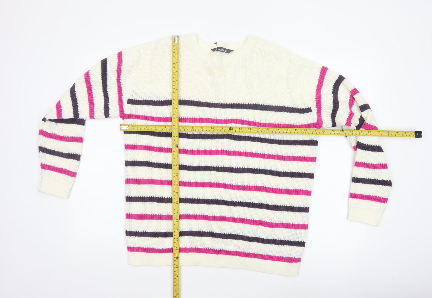 Bonmarché Women Ivory Pink Stripe Acrylic Knit Jumper UK 16 Crew Neck