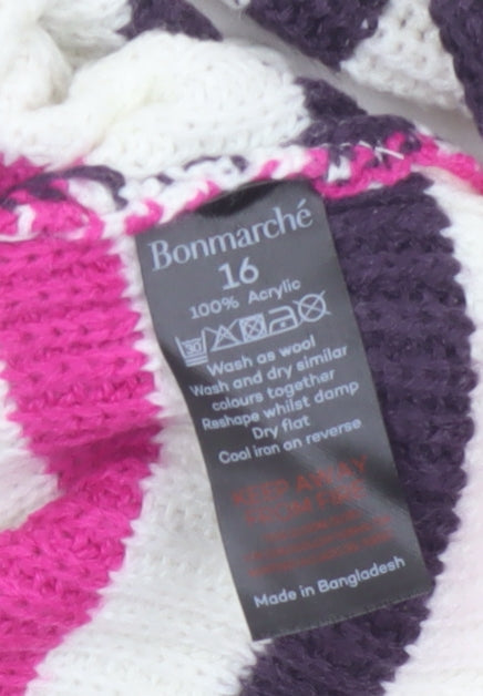 Bonmarché Women Ivory Pink Stripe Acrylic Knit Jumper UK 16 Crew Neck