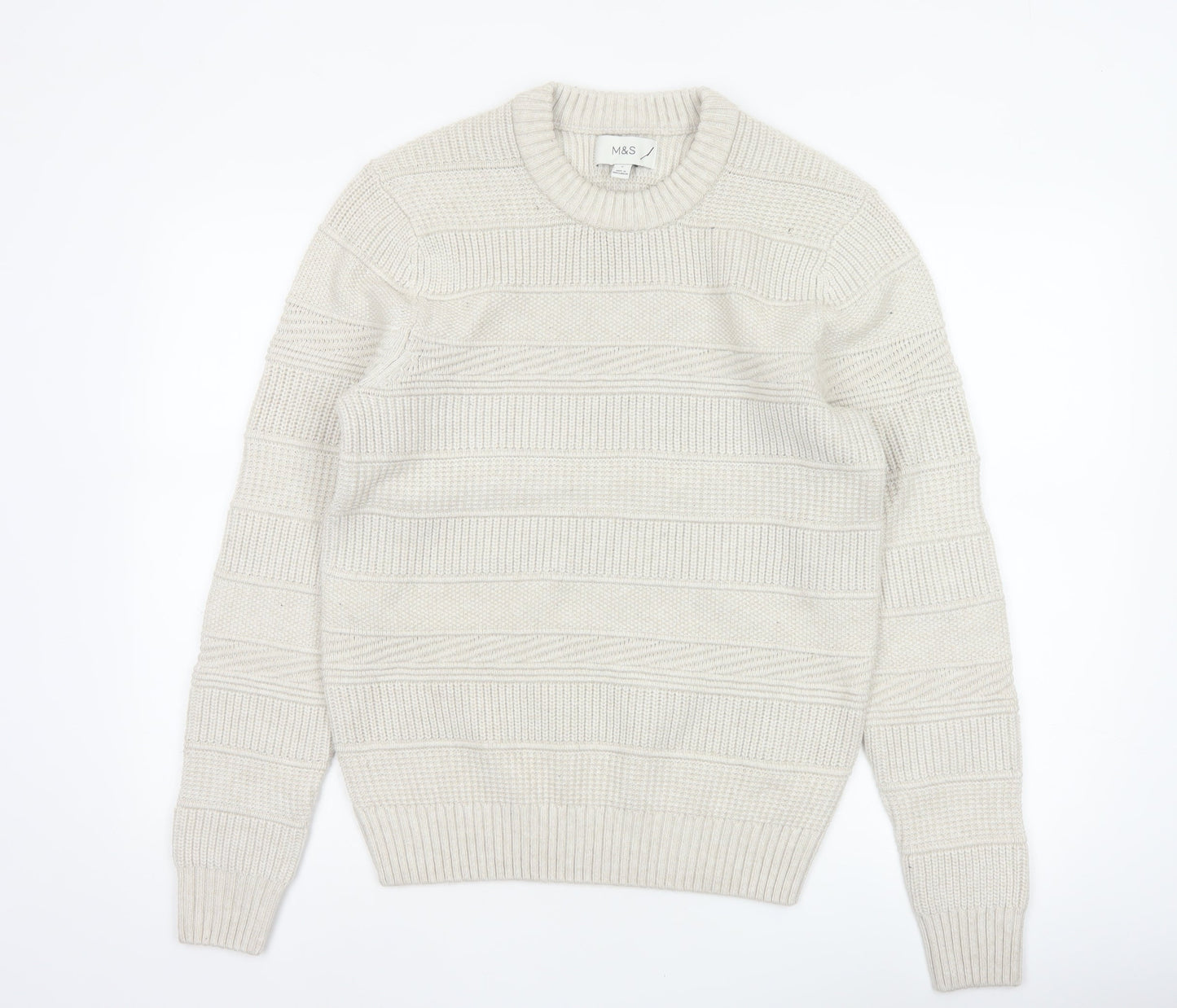 Marks and Spencer Men Ivory S Chunky Knit Striped Crew Neck Jumper