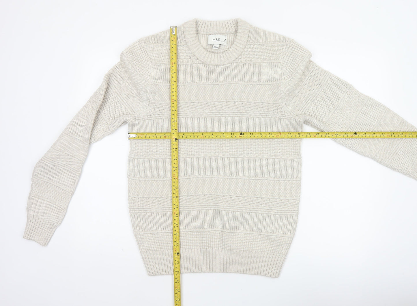 Marks and Spencer Men Ivory S Chunky Knit Striped Crew Neck Jumper