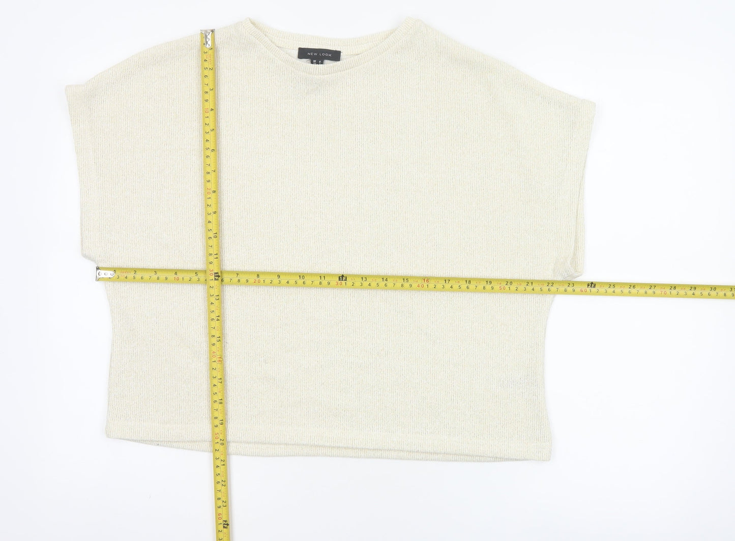 New Look Women Ivory Glitter Knit Cap Sleeve T-Shirt Size S
